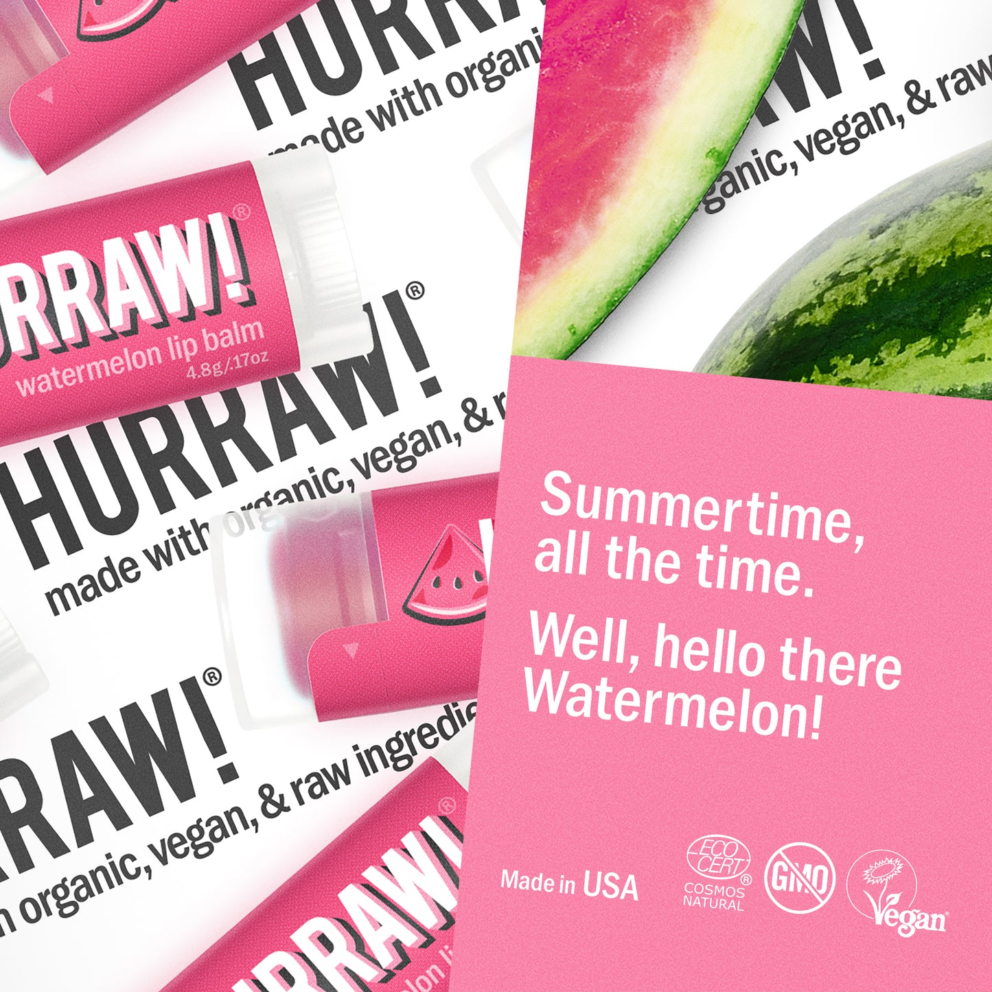 Detail van Hurraw watermeloen lippenbalsem met watermeloen en roze verpakking