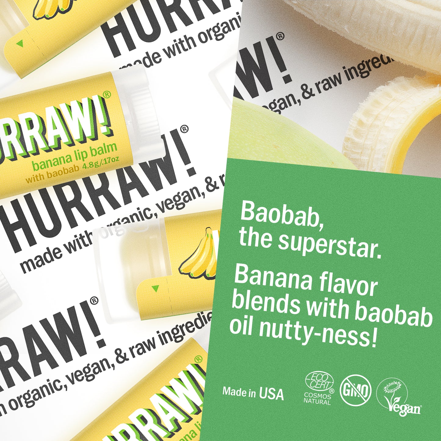 Detail van Hurraw banaan lippenbalsem met zachte tropische uitstraling