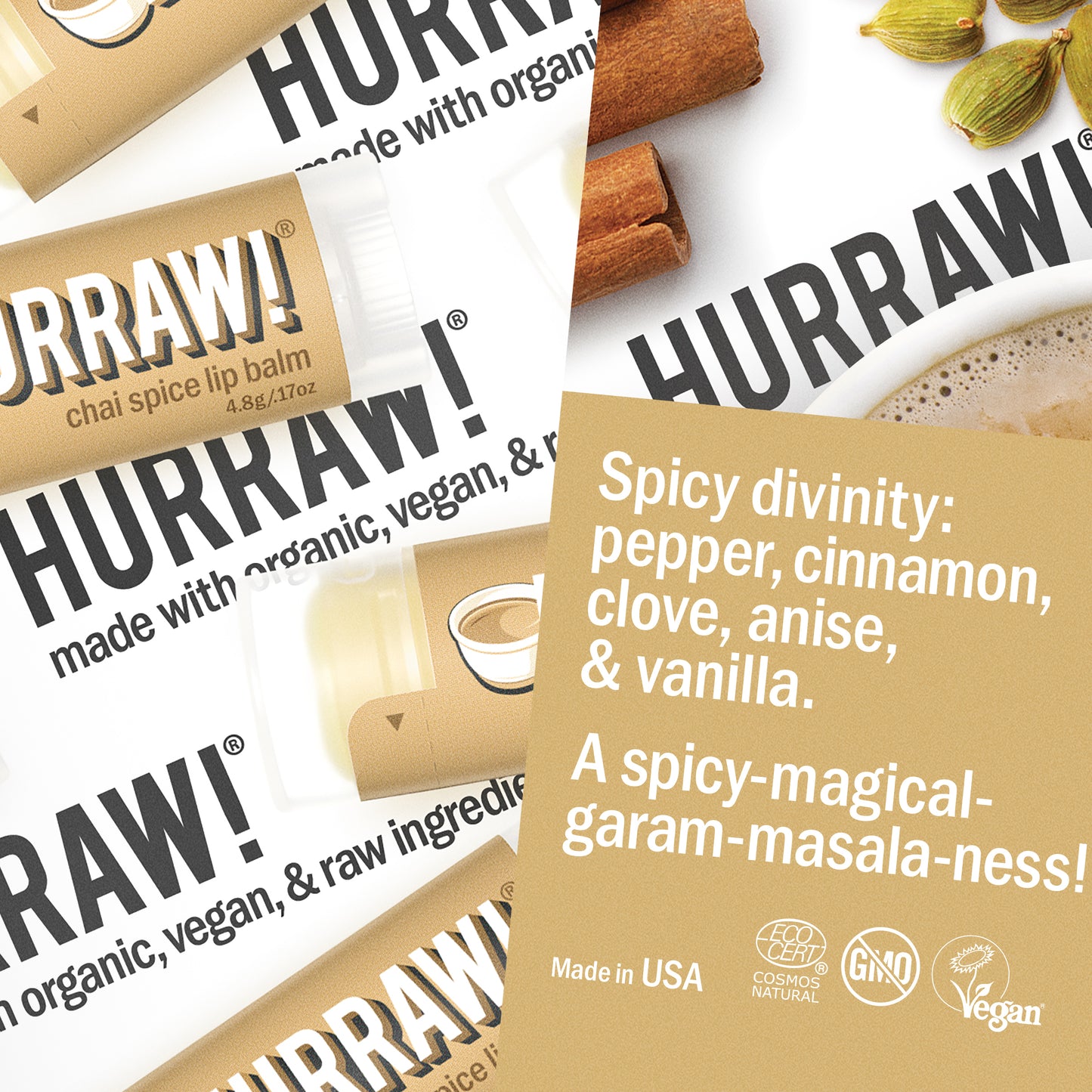 Detail van Hurraw Chai Spice lippenbalsem met kruidige chai-uitstraling
