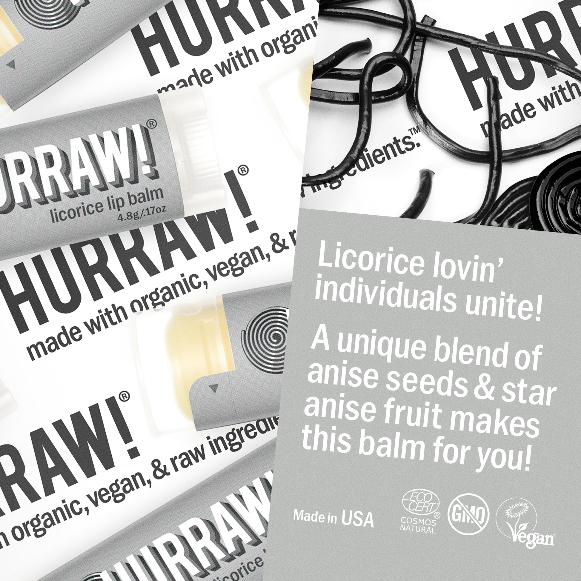 Detail van Hurraw drop lippenbalsem met grijze verpakking en dropsmaak