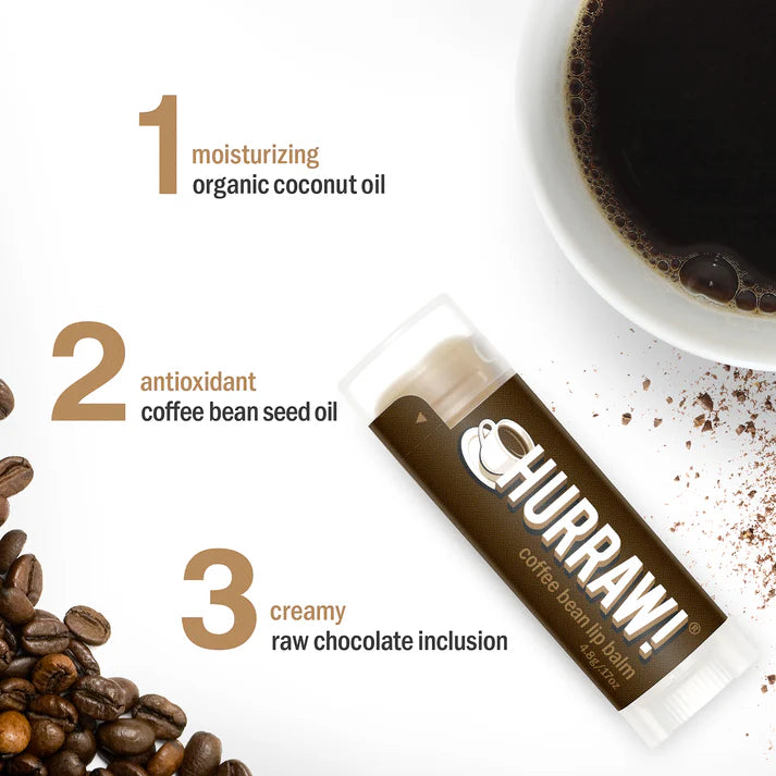 Detail van Hurraw koffie lippenbalsem met koffiebonen en zachte chocolade-uitstraling
