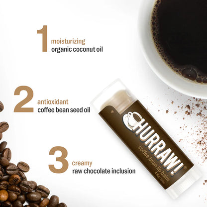Detail van Hurraw koffie lippenbalsem met koffiebonen en zachte chocolade-uitstraling